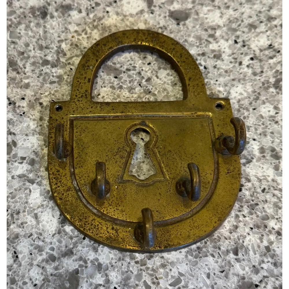 Vintage Brass Padlock Shaped Wall Mounted Key Rack 5 Hook Entryway Organizer